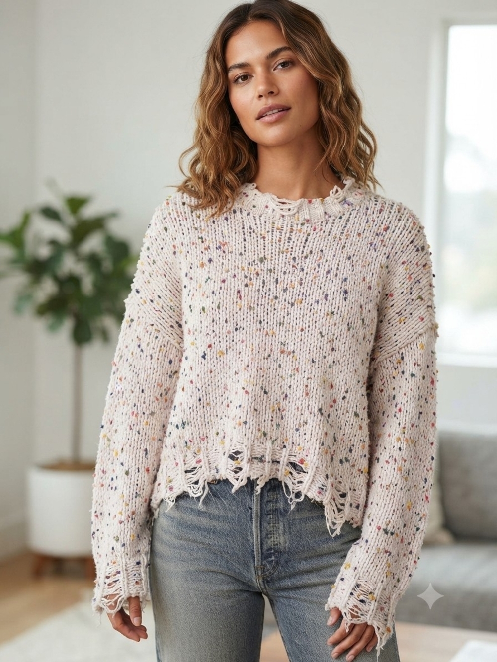 POL Clothing Rainbow Confetti Distressed Knit Sweater